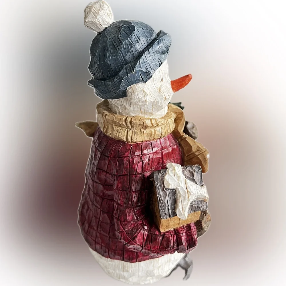 Vintage Herco 10” carved look Snowman Christmas red blue 2.7 lbs wood look resin